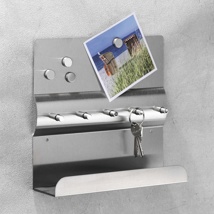 Schlüsselleiste mit Magnettafel und Ablage, aus Edelstahl gebürstet